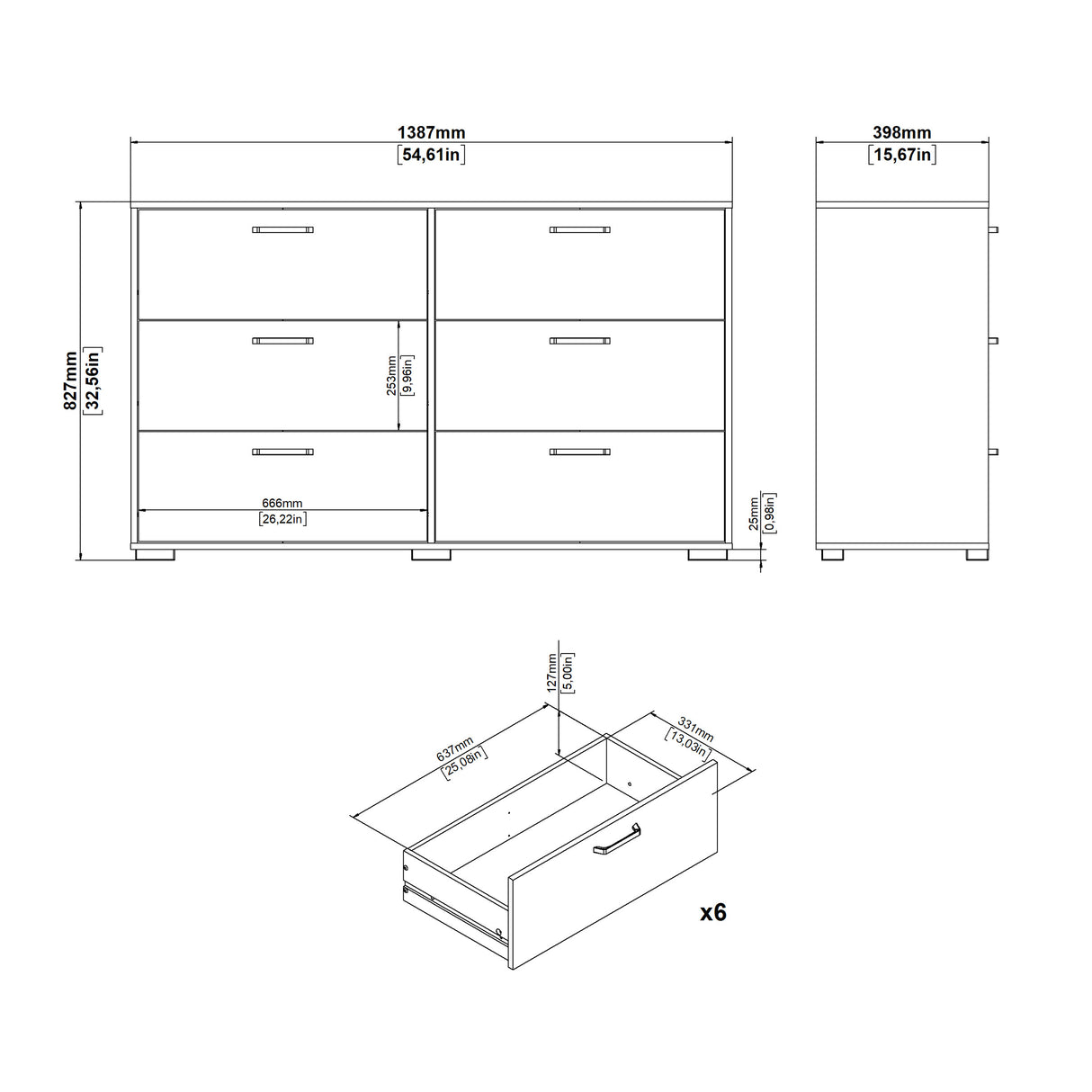 Wooden Chest Of 6 Drawers Double Dresser - Sofia