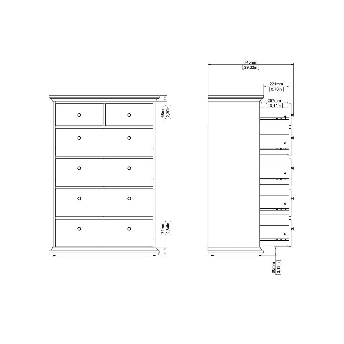 Wooden Chest Of 6 Drawers Tall - Paris