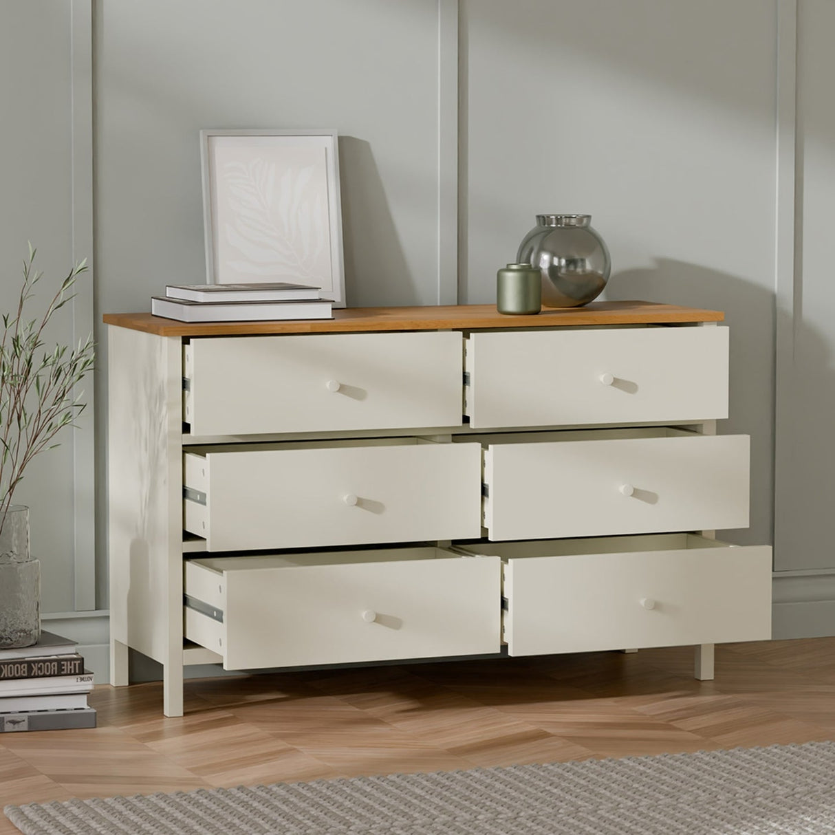 Wooden Chest Of 6 Drawers Wide - Coxmoor