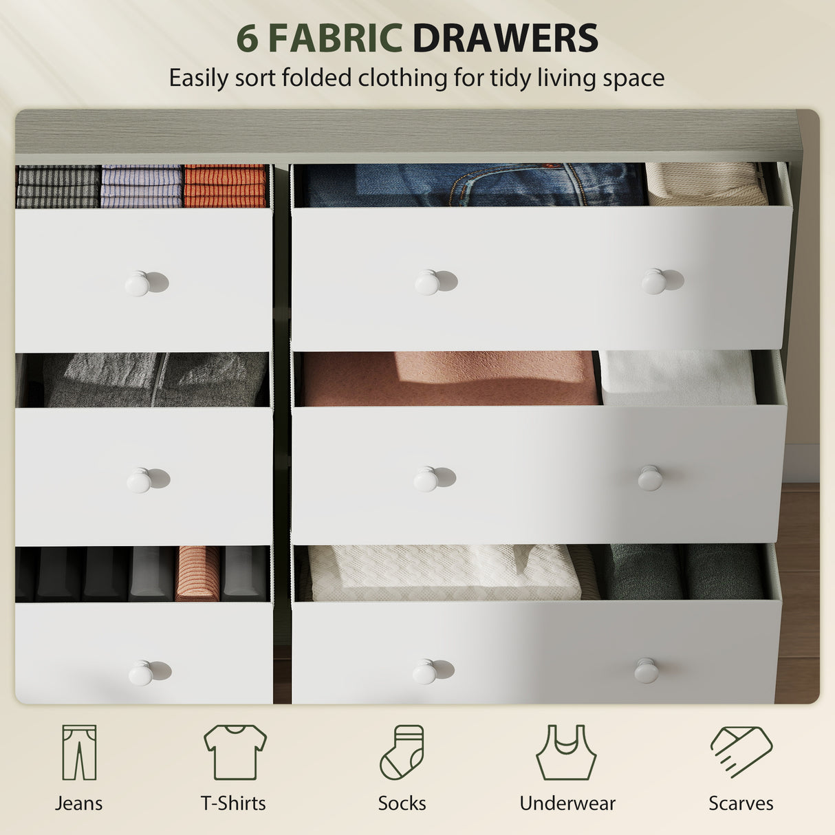 Wooden Chest Of 6 Fabric Drawers 114cm Wide - Velmora