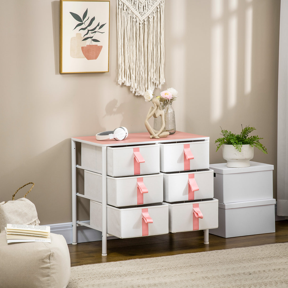 Wooden Chest Of 6 Fabric Drawers 68cm Wide With Steel Frame - Velmora