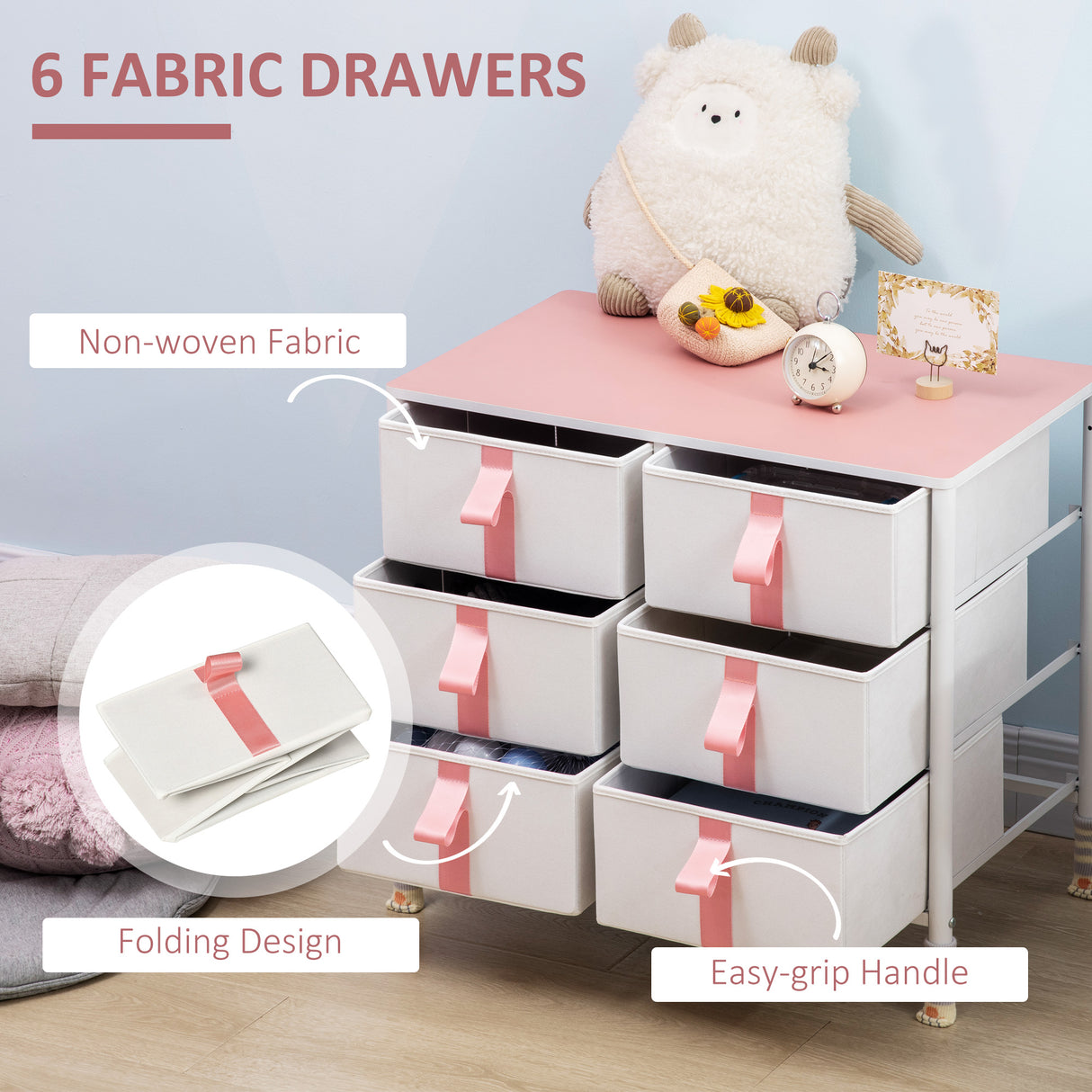 Wooden Chest Of 6 Fabric Drawers 68cm Wide With Steel Frame - Velmora