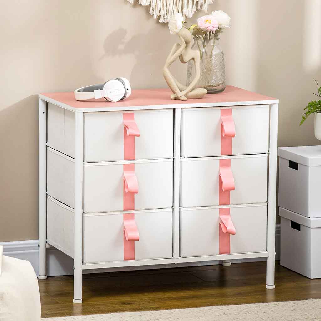 Wooden Chest Of 6 Fabric Drawers 68cm Wide With Steel Frame - Velmora