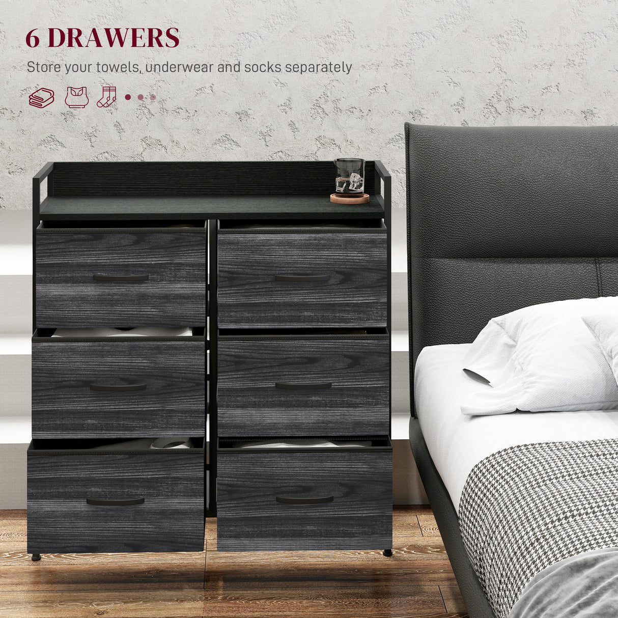 Wooden Chest Of 6 Fabric Drawers 79cm Wide With Steel Frame - Velmora