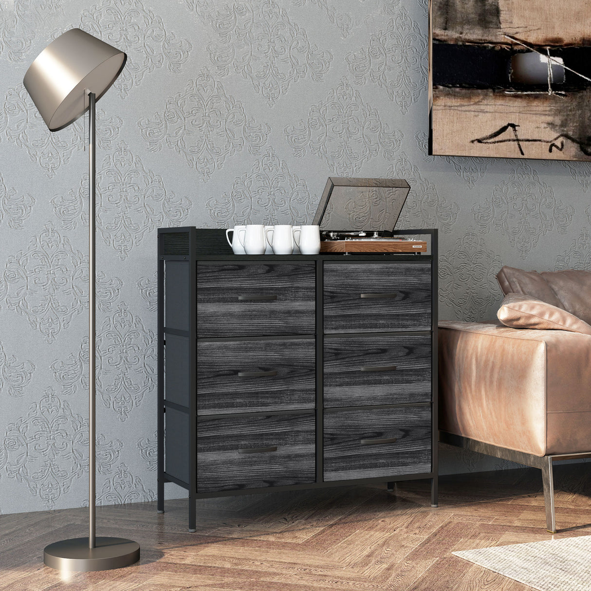Wooden Chest Of 6 Fabric Drawers 79cm Wide With Steel Frame - Velmora