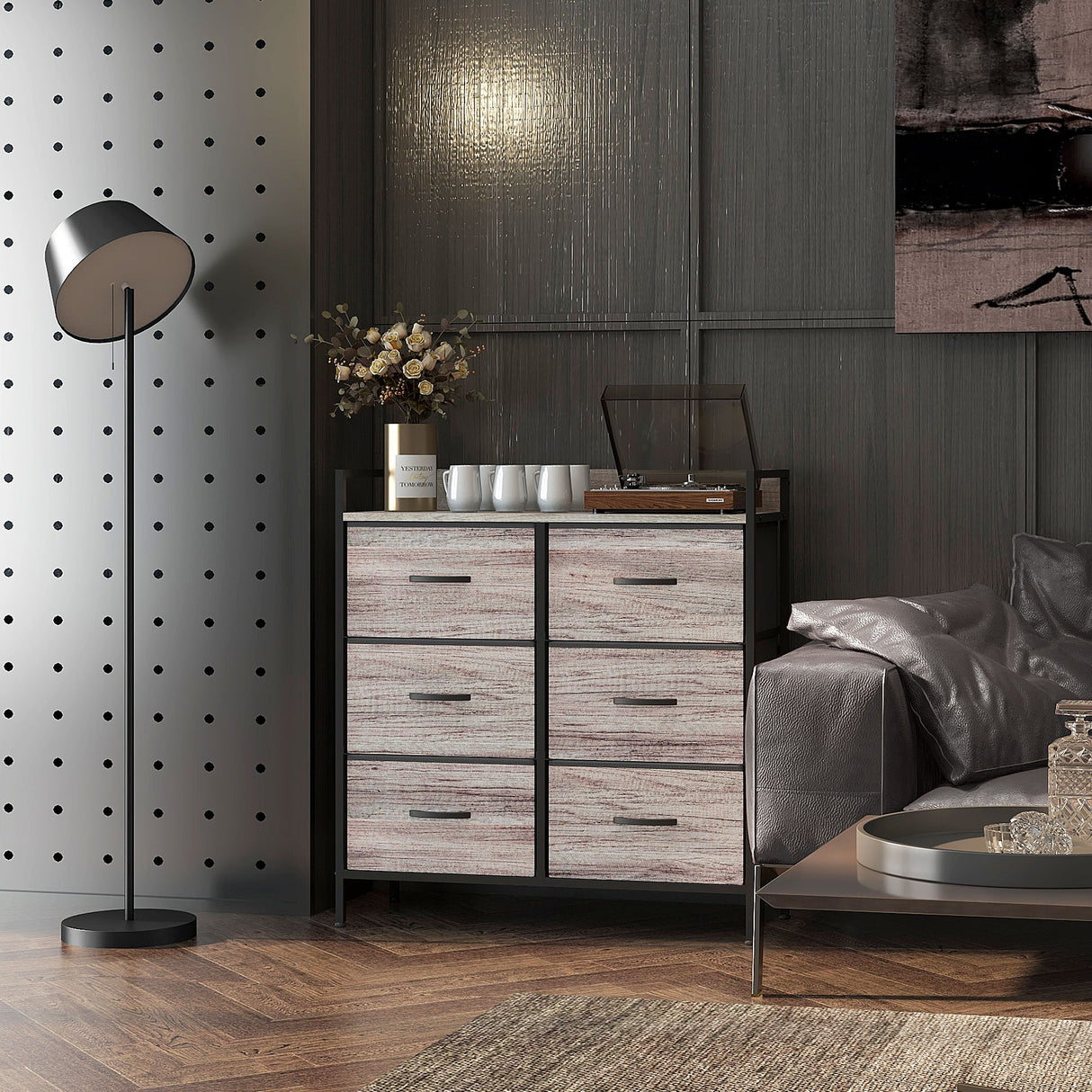 Wooden Chest Of 6 Fabric Drawers 79cm Wide With Steel Frame - Velmora
