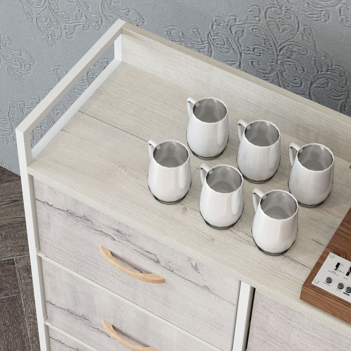 Wooden Chest Of 6 Fabric Drawers 79cm Wide With Steel Frame - Velmora
