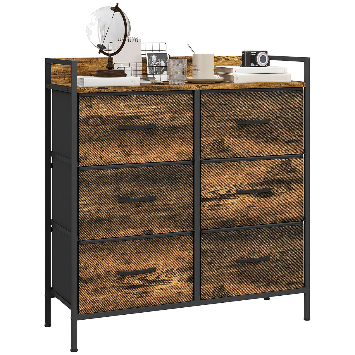 Wooden Chest Of 6 Fabric Drawers 79cm Wide With Steel Frame - Velmora