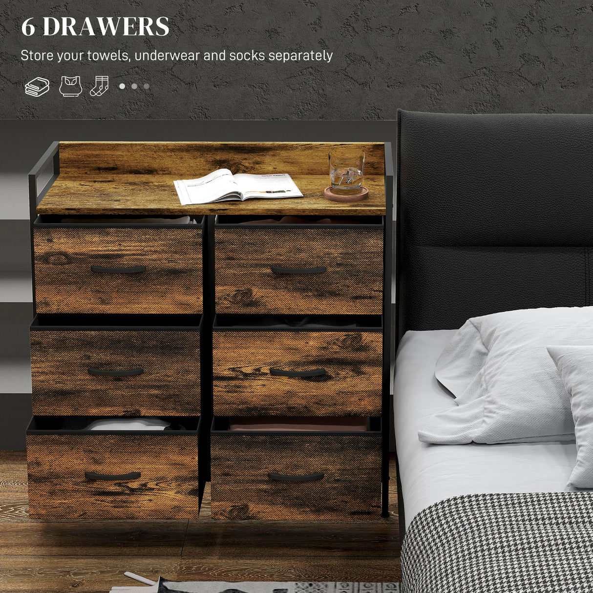 Wooden Chest Of 6 Fabric Drawers 79cm Wide With Steel Frame - Velmora