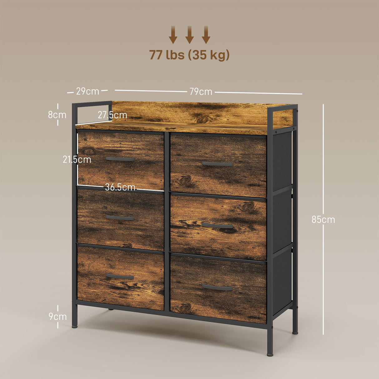 Wooden Chest Of 6 Fabric Drawers 79cm Wide With Steel Frame - Velmora