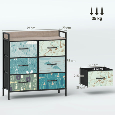 Wooden Chest Of 6 Fabric Drawers 79cm Wide With Steel Frame - Velmora