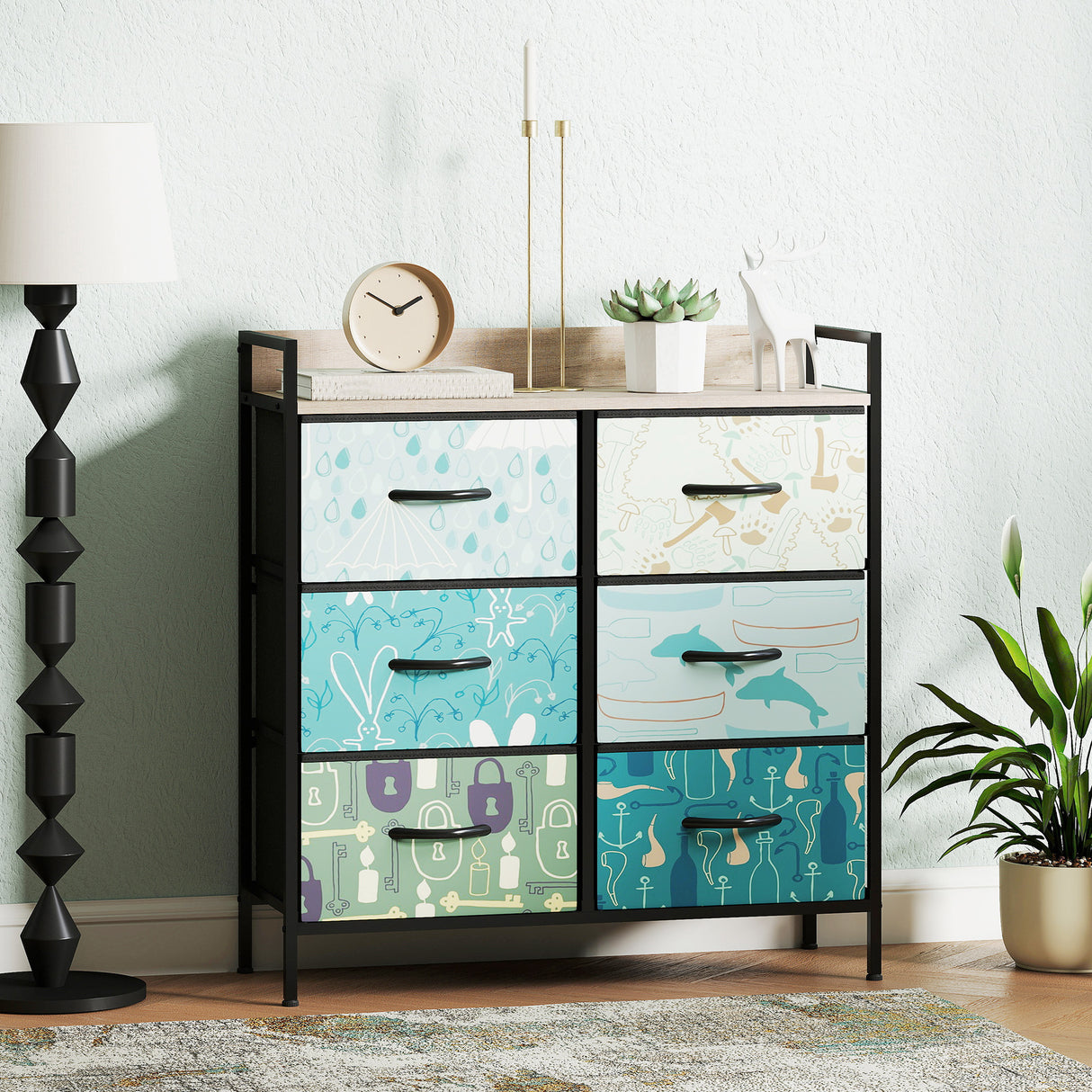 Wooden Chest Of 6 Fabric Drawers 79cm Wide With Steel Frame - Velmora