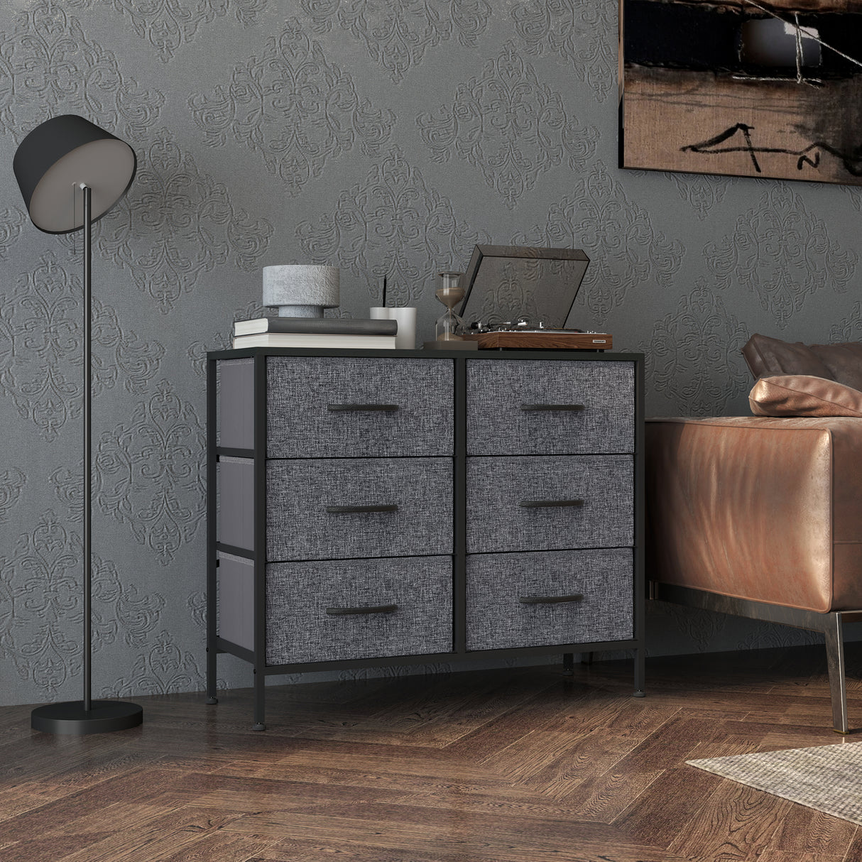 Wooden Chest Of 6 Fabric Drawers 80cm Wide With Steel Frame - Velmora