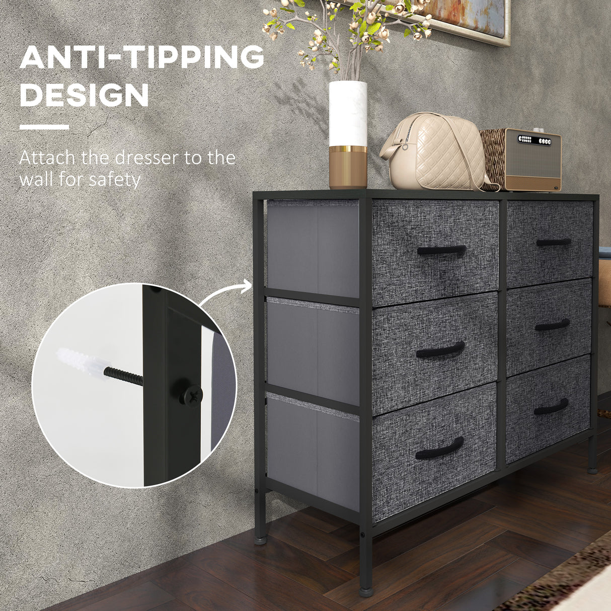 Wooden Chest Of 6 Fabric Drawers 80cm Wide With Steel Frame - Velmora