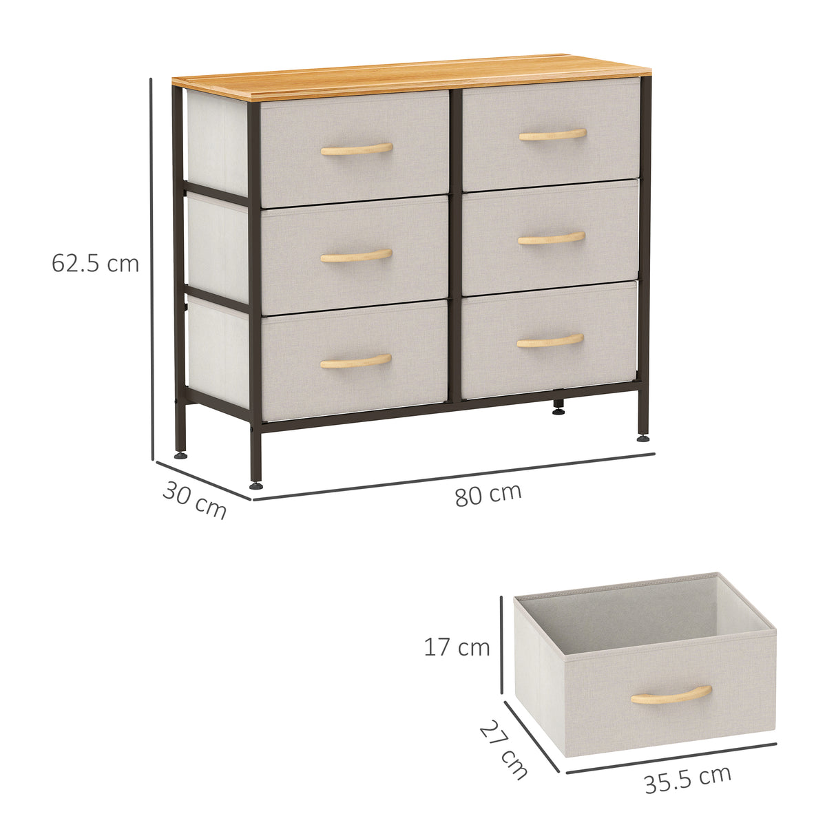 Wooden Chest Of 6 Fabric Drawers 80cm Wide With Steel Frame - Velmora