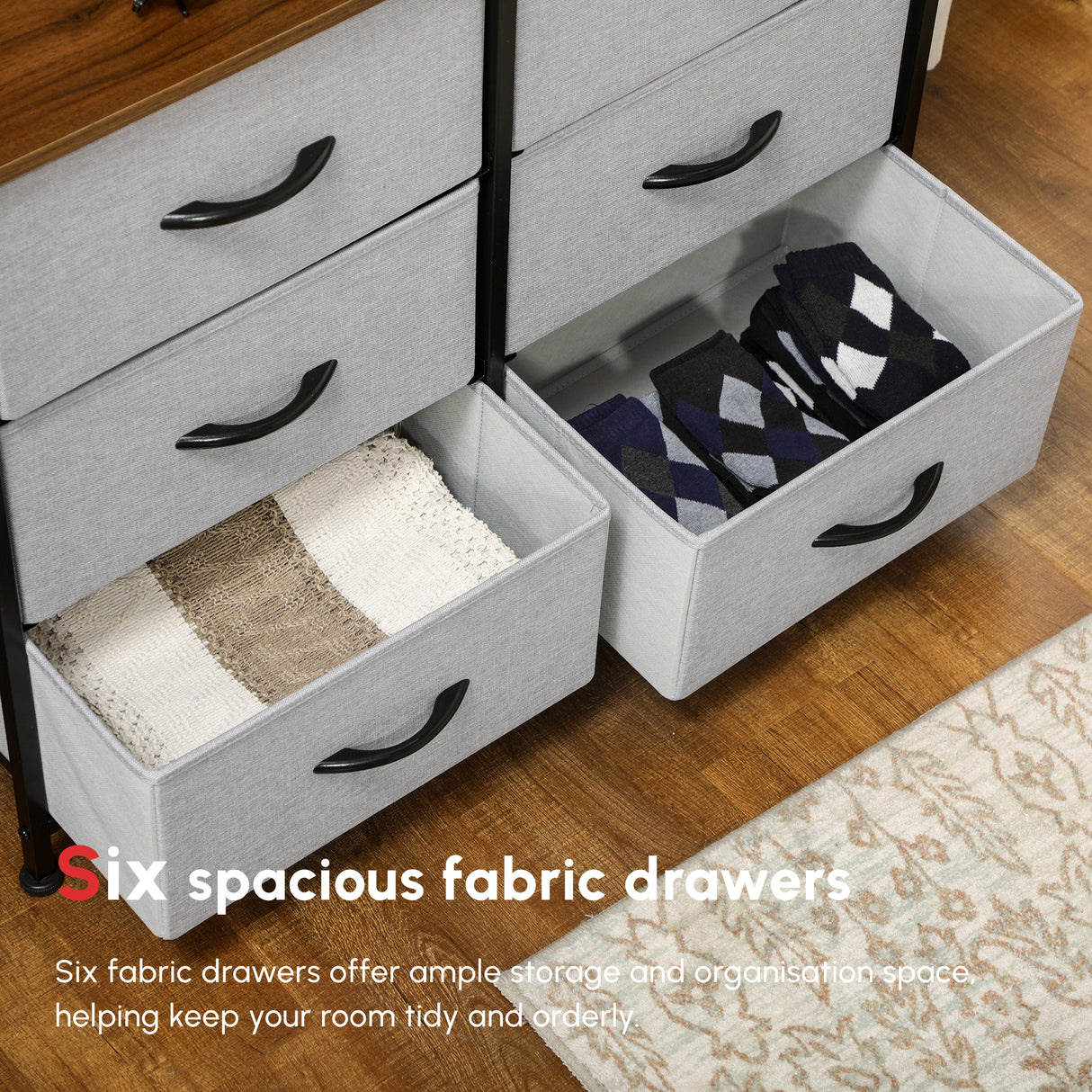 Wooden Chest Of 6 Fabric Drawers 80cm Wide With Steel Frame - Velmora