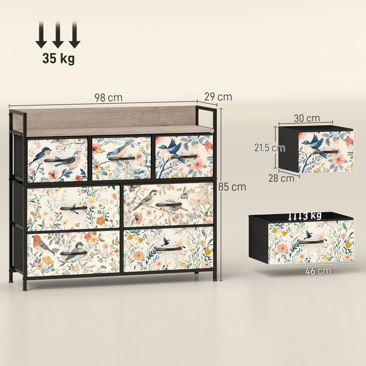 Wooden Chest Of 6 Fabric Drawers 98cm Wide With Steel Frame - Velmora
