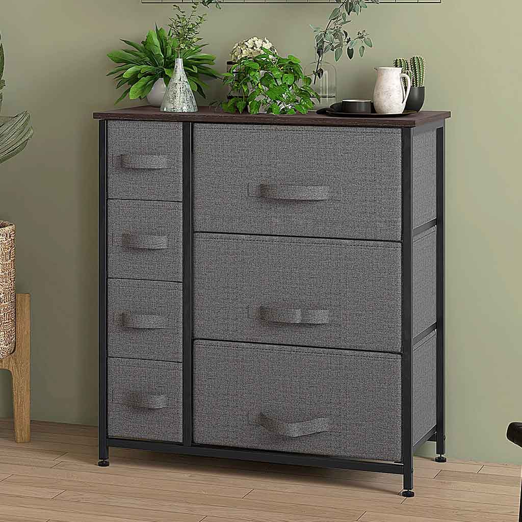 Wooden Chest Of 7 Fabric Drawers 63.5cm Wide With Steel Frame - Velmora