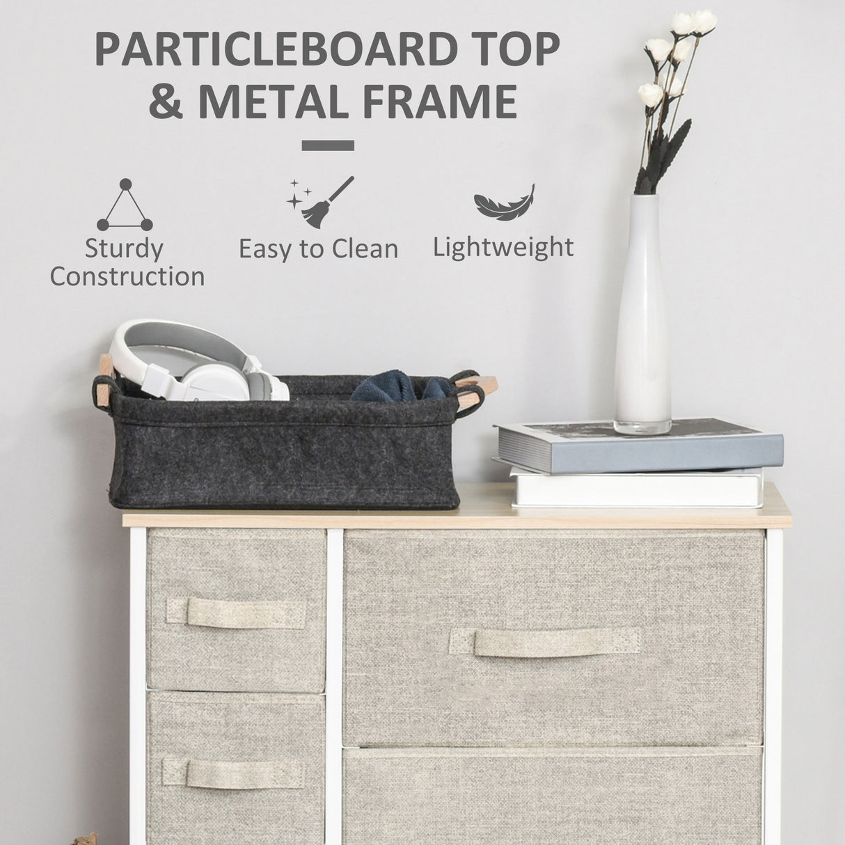 Wooden Chest Of 7 Fabric Drawers 63.5cm Wide With Steel Frame - Velmora