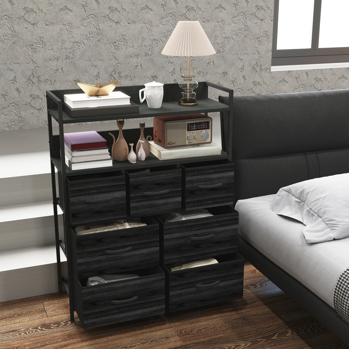 Wooden Chest Of 7 Fabric Drawers 79cm Wide With Steel Frame - Velmora