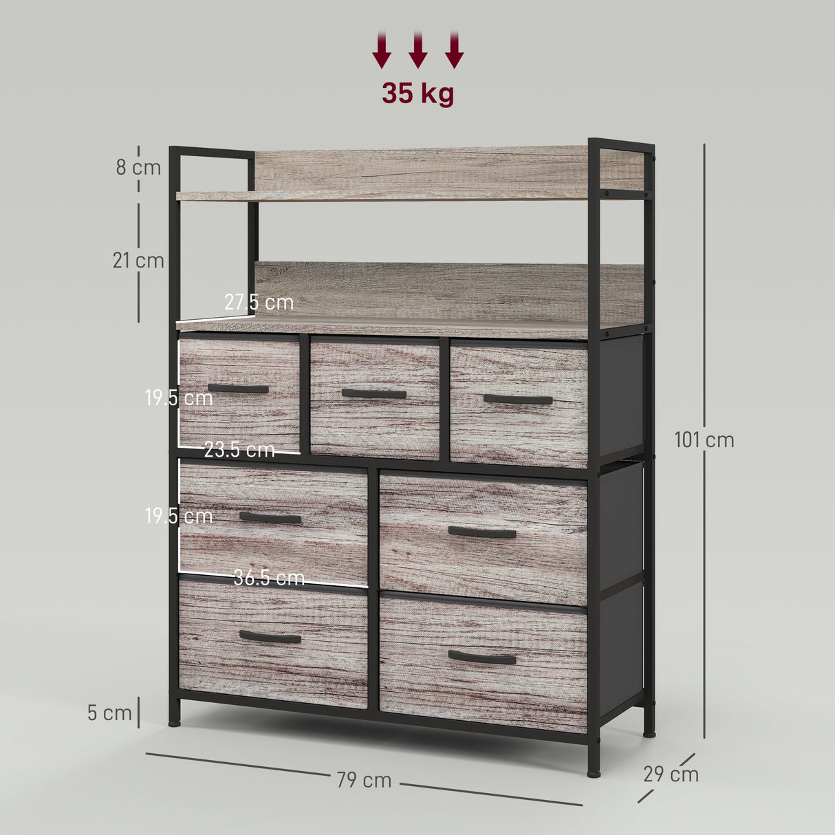 Wooden Chest Of 7 Fabric Drawers 79cm Wide With Steel Frame - Velmora