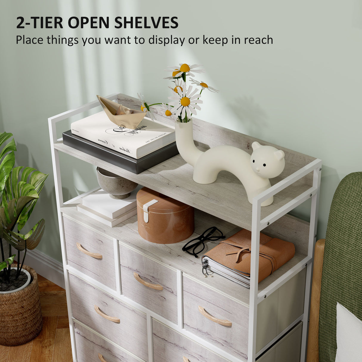 Wooden Chest Of 7 Fabric Drawers 79cm Wide With Steel Frame - Velmora