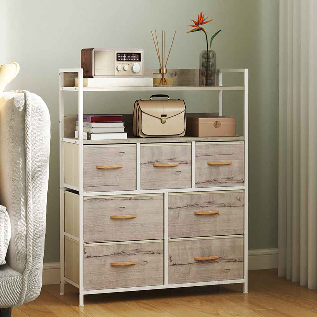 Wooden Chest Of 7 Fabric Drawers 79cm Wide With Steel Frame - Velmora