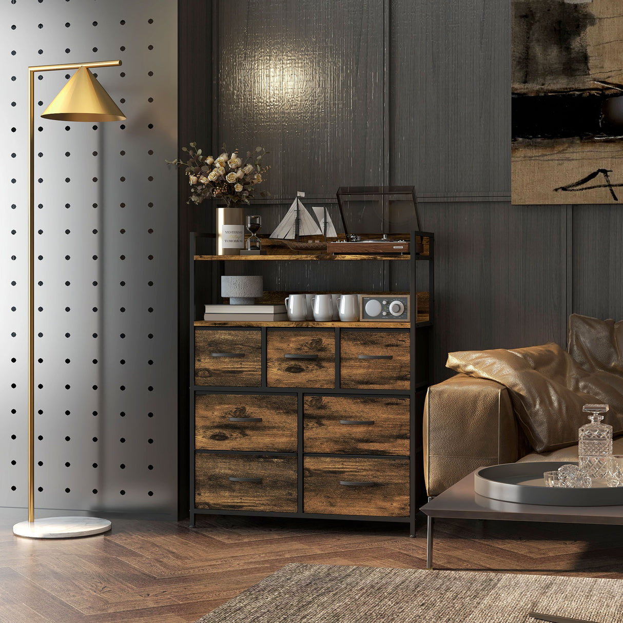 Wooden Chest Of 7 Fabric Drawers 79cm Wide With Steel Frame - Velmora