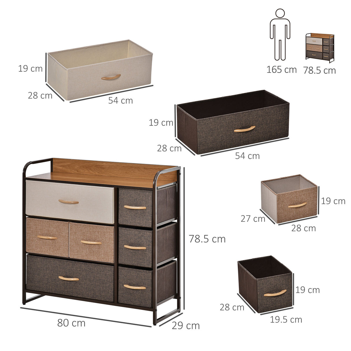 Wooden Chest Of 7 Fabric Drawers 80cm Wide With Metal Frame - Velmora