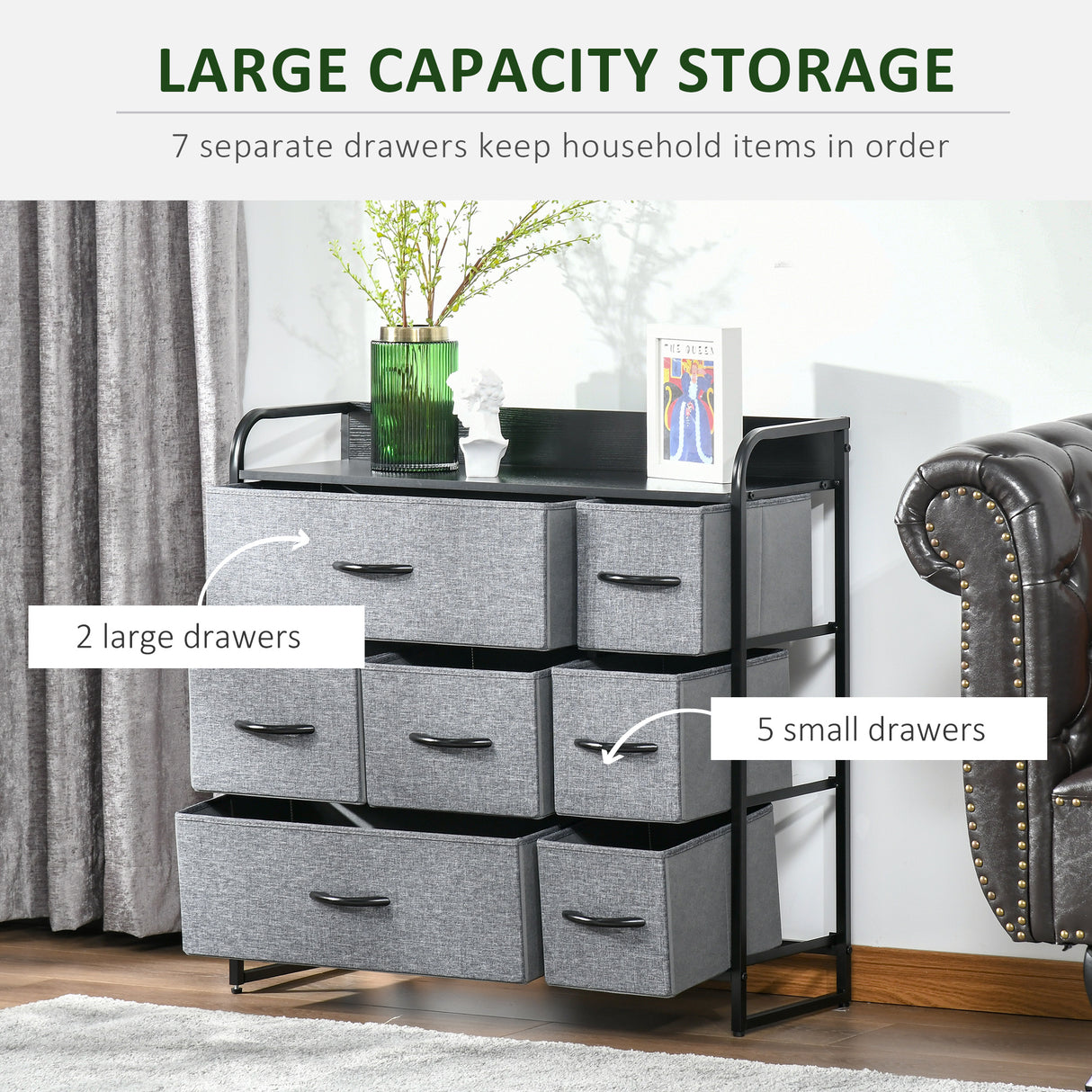Wooden Chest Of 7 Fabric Drawers 80cm Wide With Metal Frame - Velmora