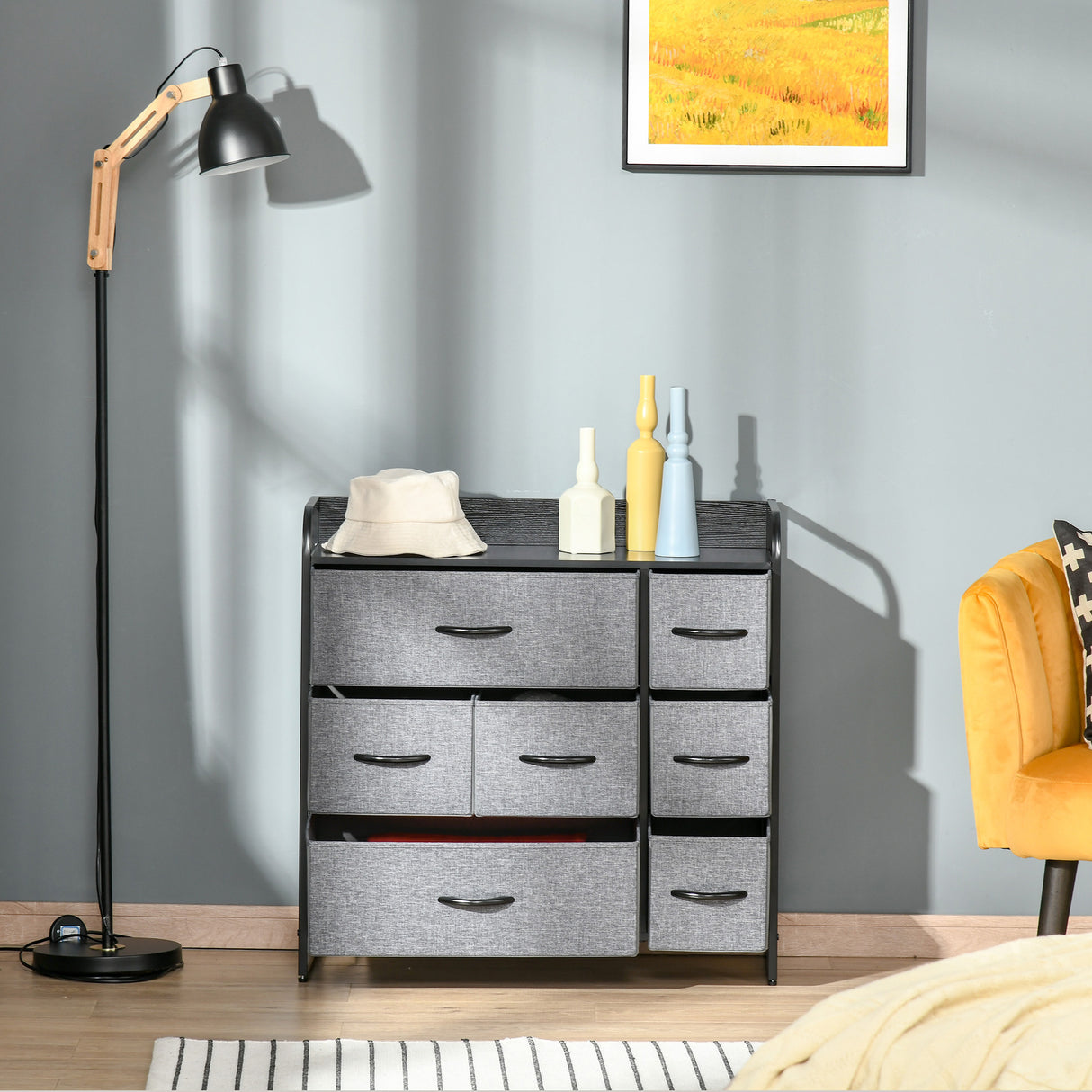 Wooden Chest Of 7 Fabric Drawers 80cm Wide With Metal Frame - Velmora