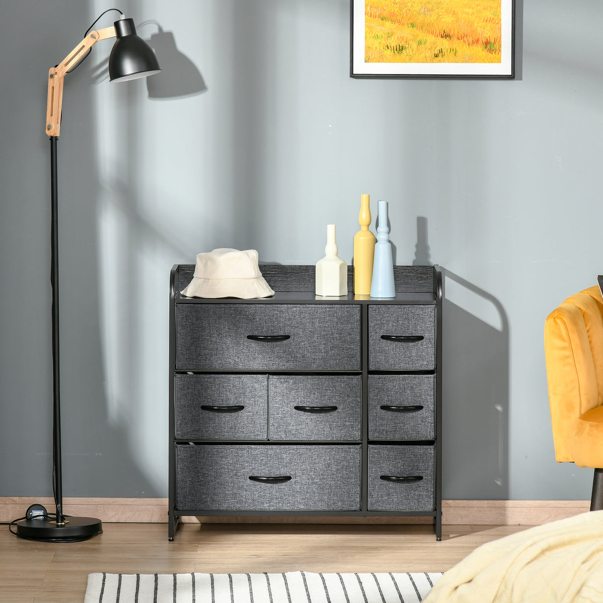 Wooden Chest Of 7 Fabric Drawers 80cm Wide With Metal Frame - Velmora