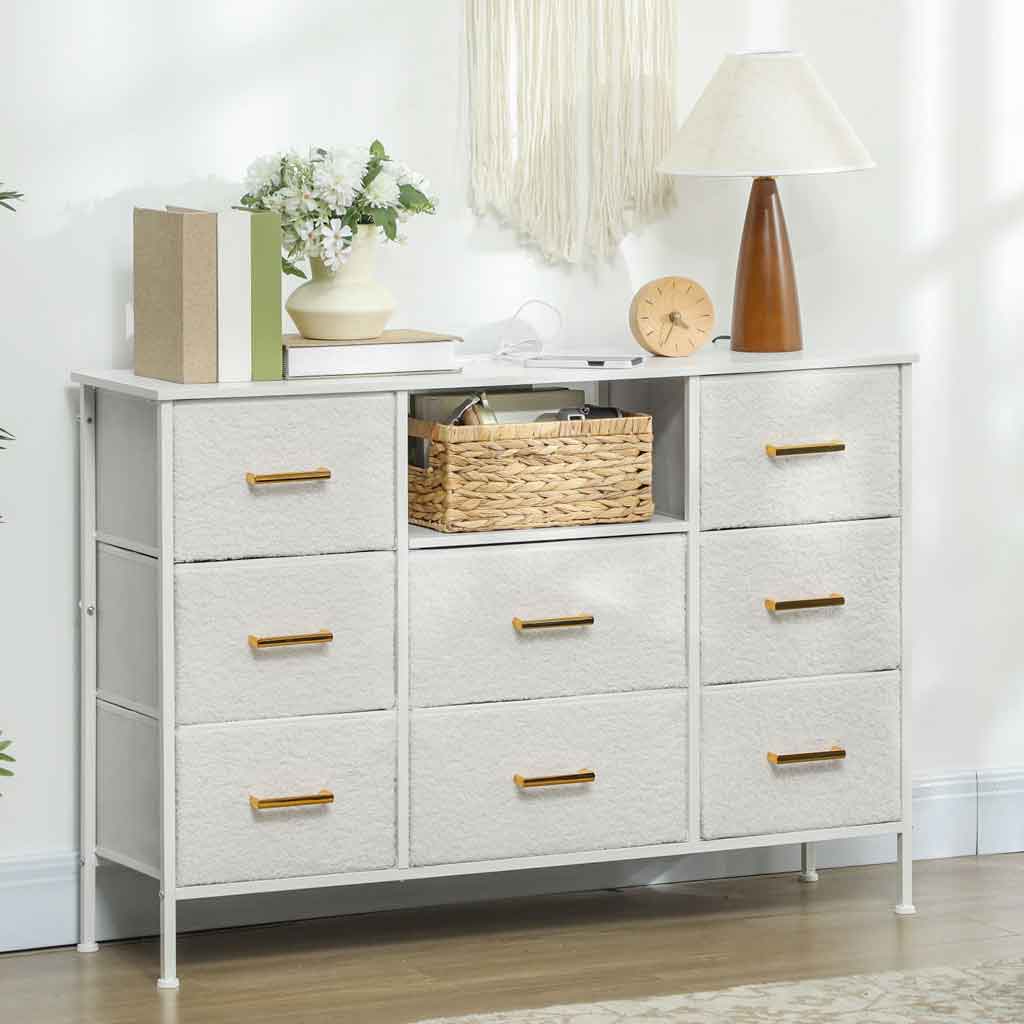 Wooden Chest Of 8 Fabric Drawers 110cm Wide With Steel Frame - Velmora