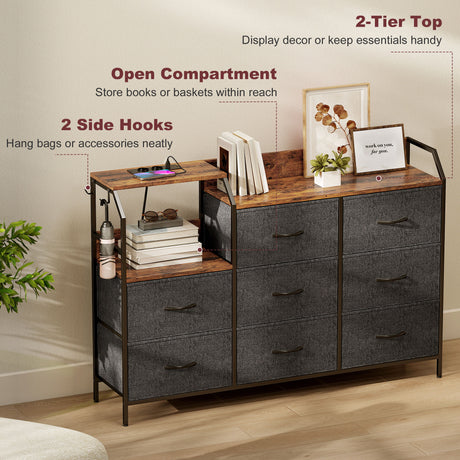 Wooden Chest Of 8 Fabric Drawers 130.5cm Wide With Steel Frame - Velmora