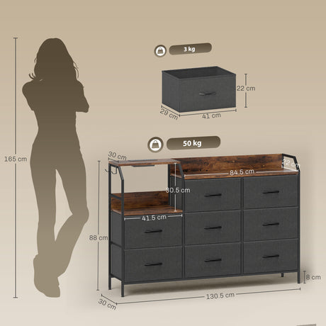 Wooden Chest Of 8 Fabric Drawers 130.5cm Wide With Steel Frame - Velmora