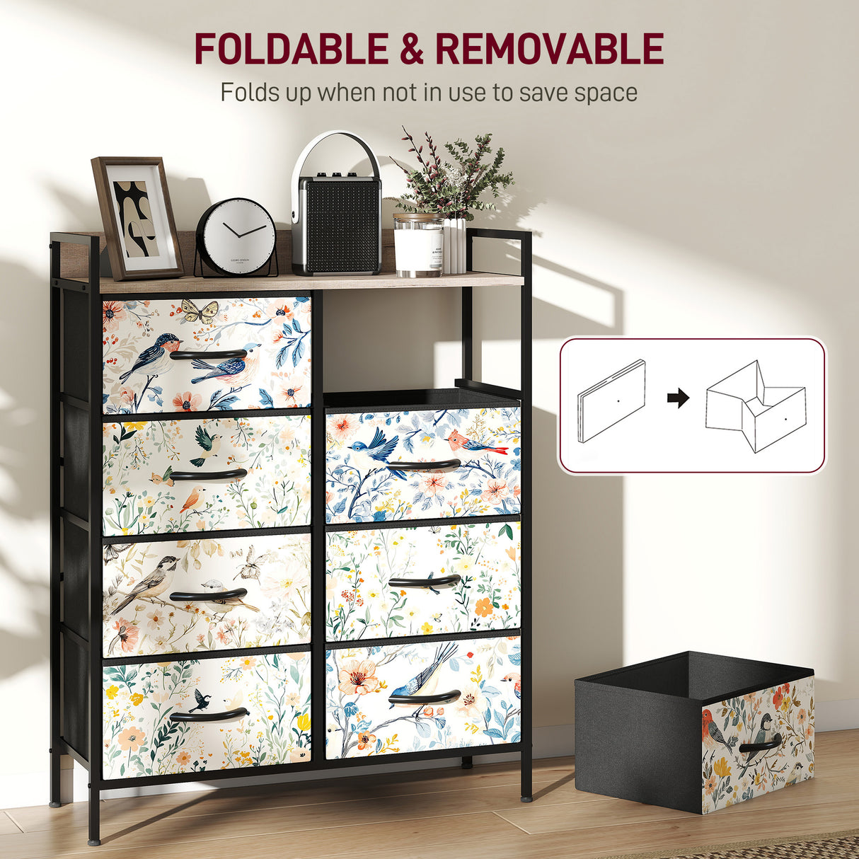 Wooden Chest Of 8 Fabric Drawers 79cm Wide With Steel Frame - Velmora
