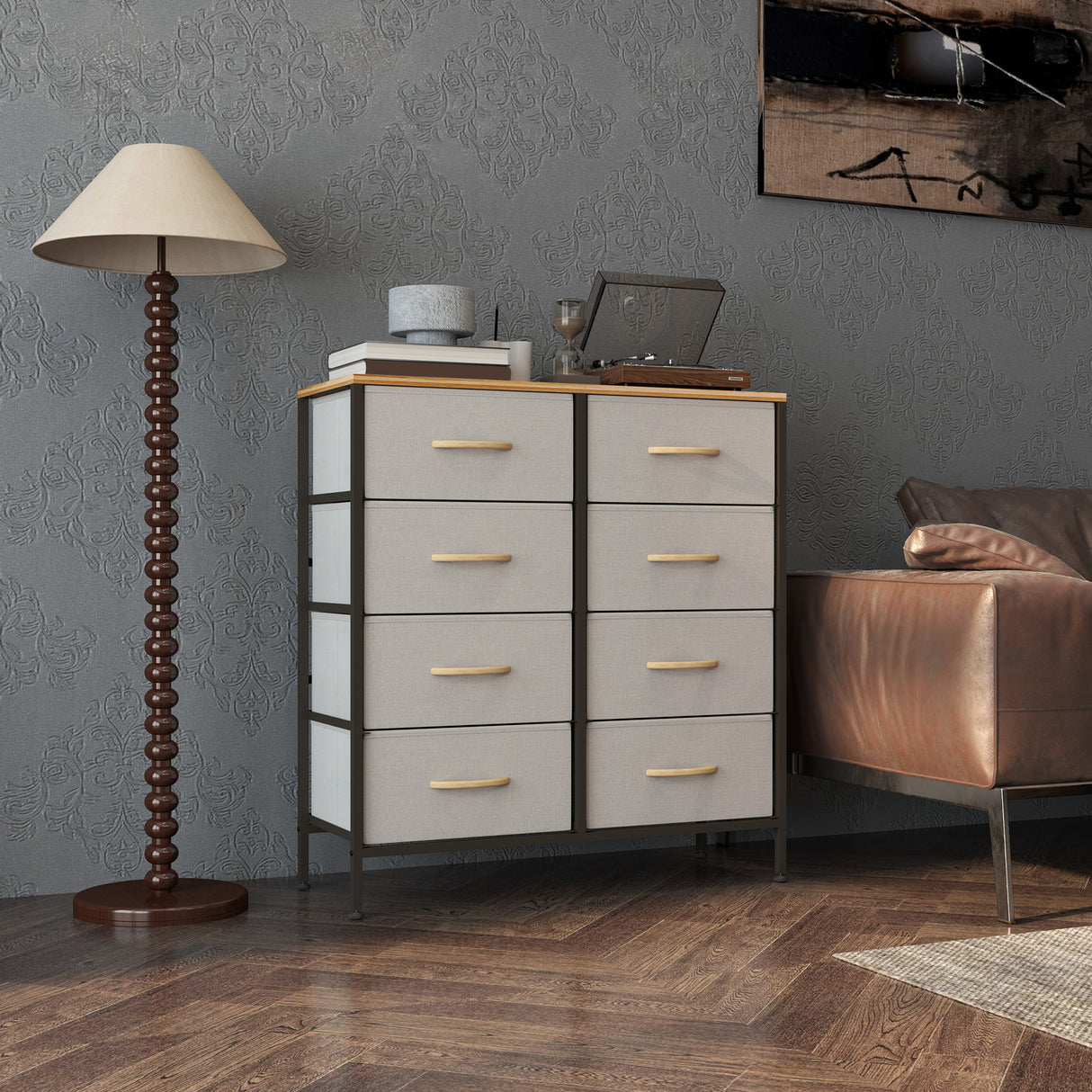 Wooden Chest Of 8 Fabric Drawers 80cm Wide With Steel Frame - Velmora