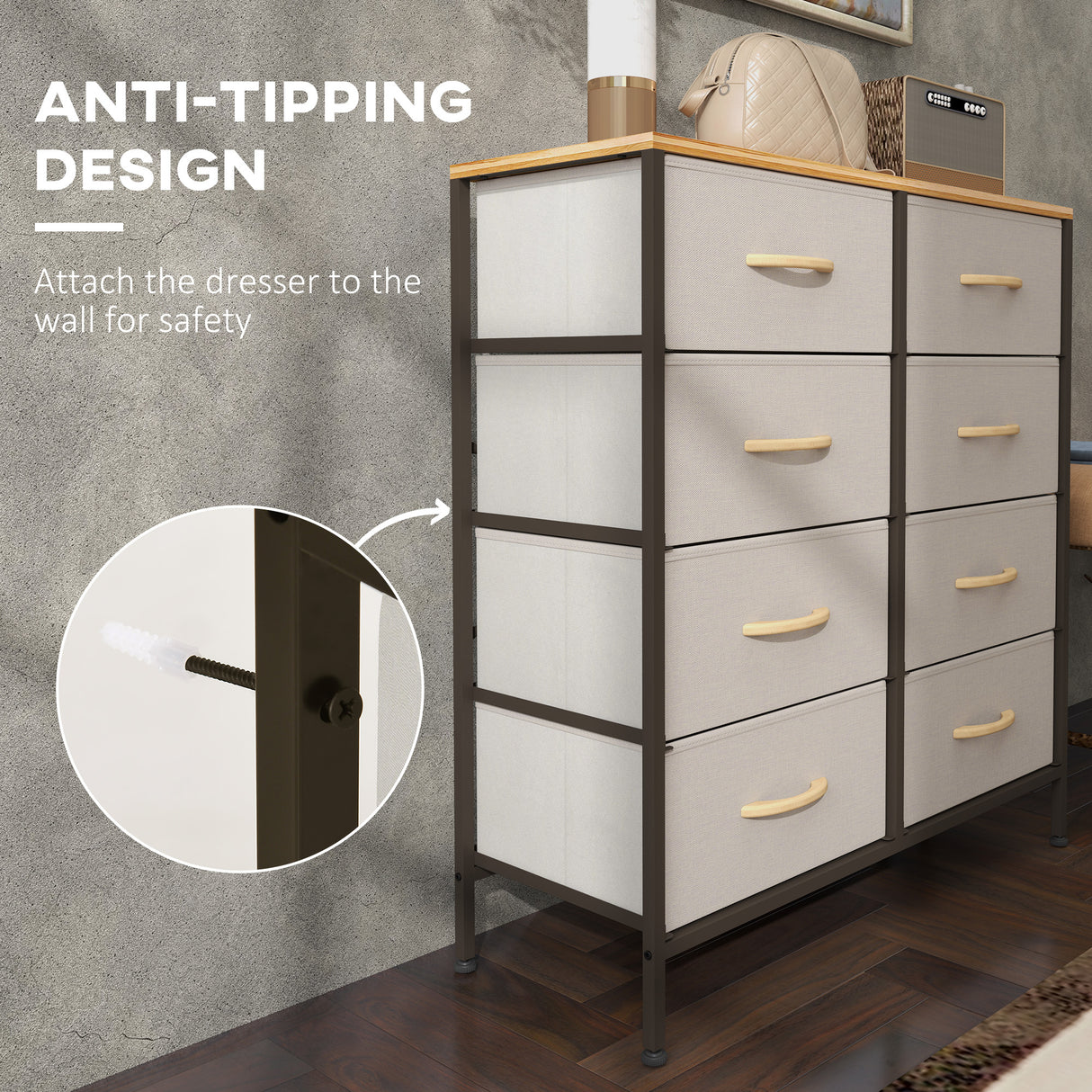 Wooden Chest Of 8 Fabric Drawers 80cm Wide With Steel Frame - Velmora