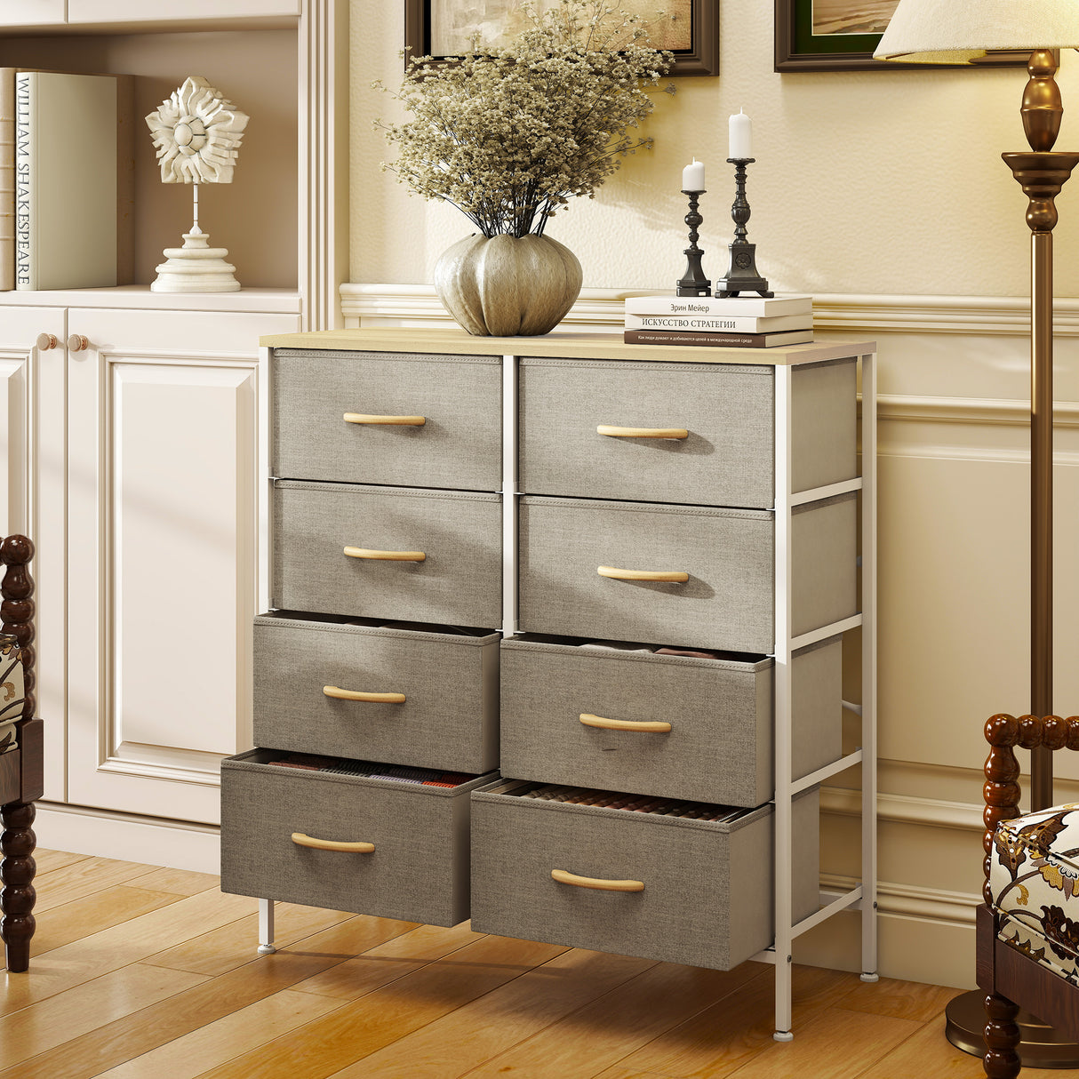 Wooden Chest Of 8 Fabric Drawers 80cm Wide With Steel Frame - Velmora