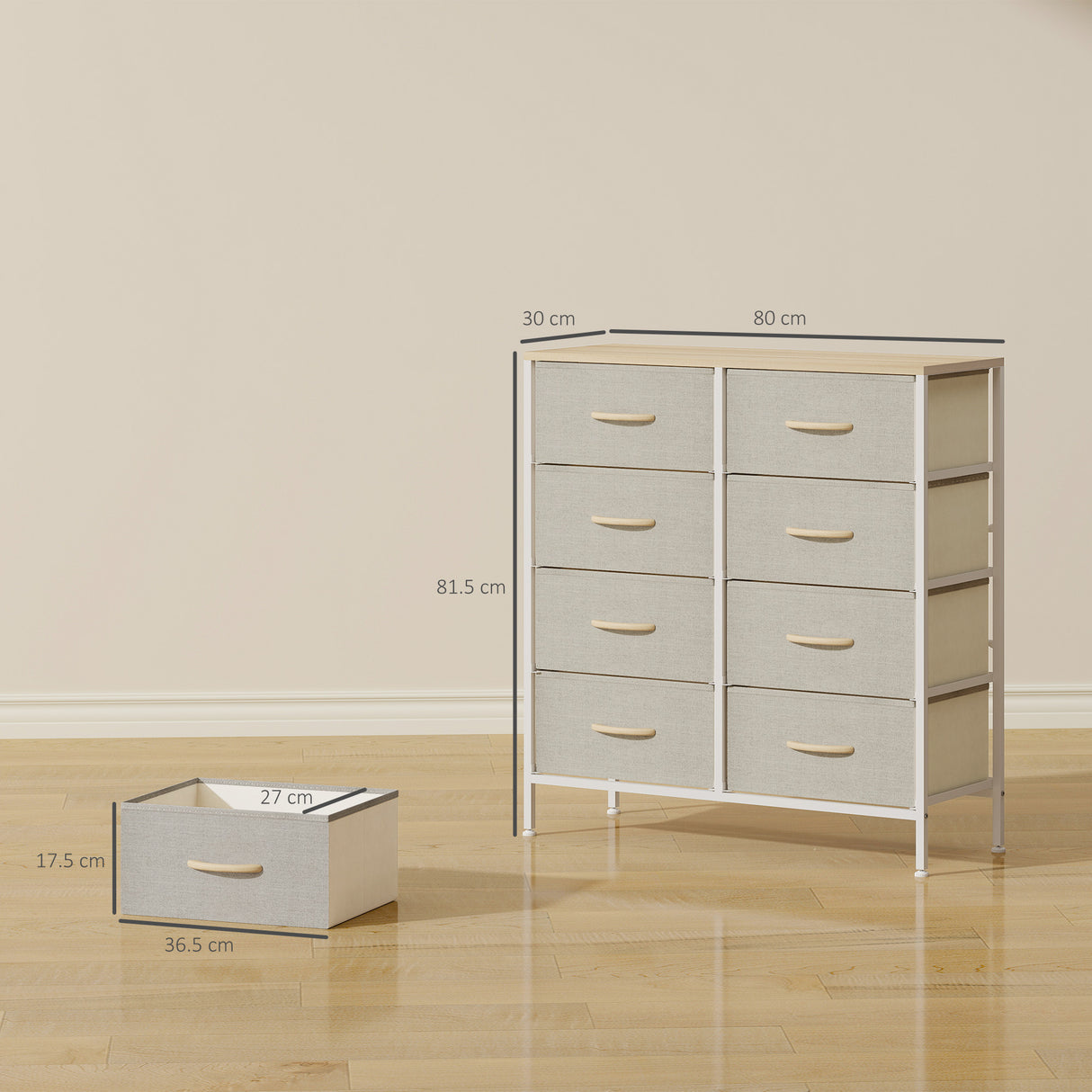 Wooden Chest Of 8 Fabric Drawers 80cm Wide With Steel Frame - Velmora
