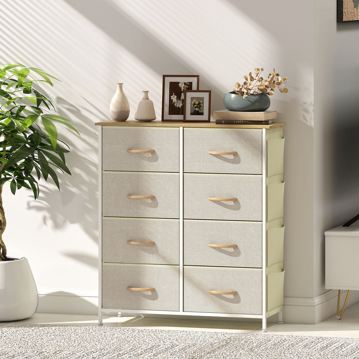 Wooden Chest Of 8 Fabric Drawers 86cm Wide With Steel Frame - Velmora