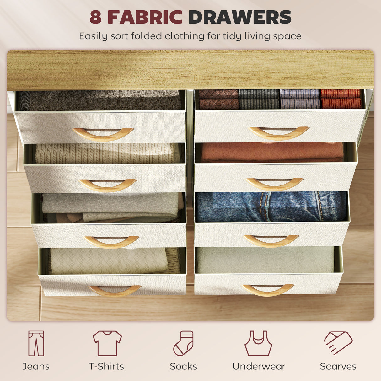 Wooden Chest Of 8 Fabric Drawers 86cm Wide With Steel Frame - Velmora