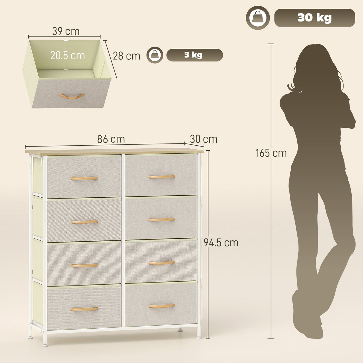 Wooden Chest Of 8 Fabric Drawers 86cm Wide With Steel Frame - Velmora