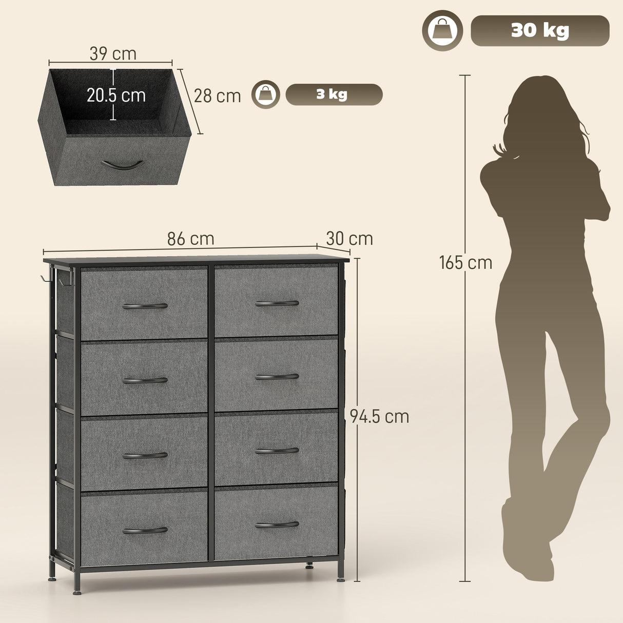 Wooden Chest Of 8 Fabric Drawers 86cm Wide With Steel Frame - Velmora