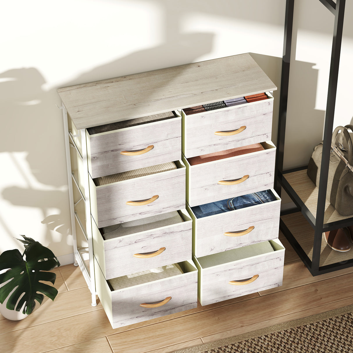 Wooden Chest Of 8 Fabric Drawers 86cm Wide With Steel Frame - Velmora