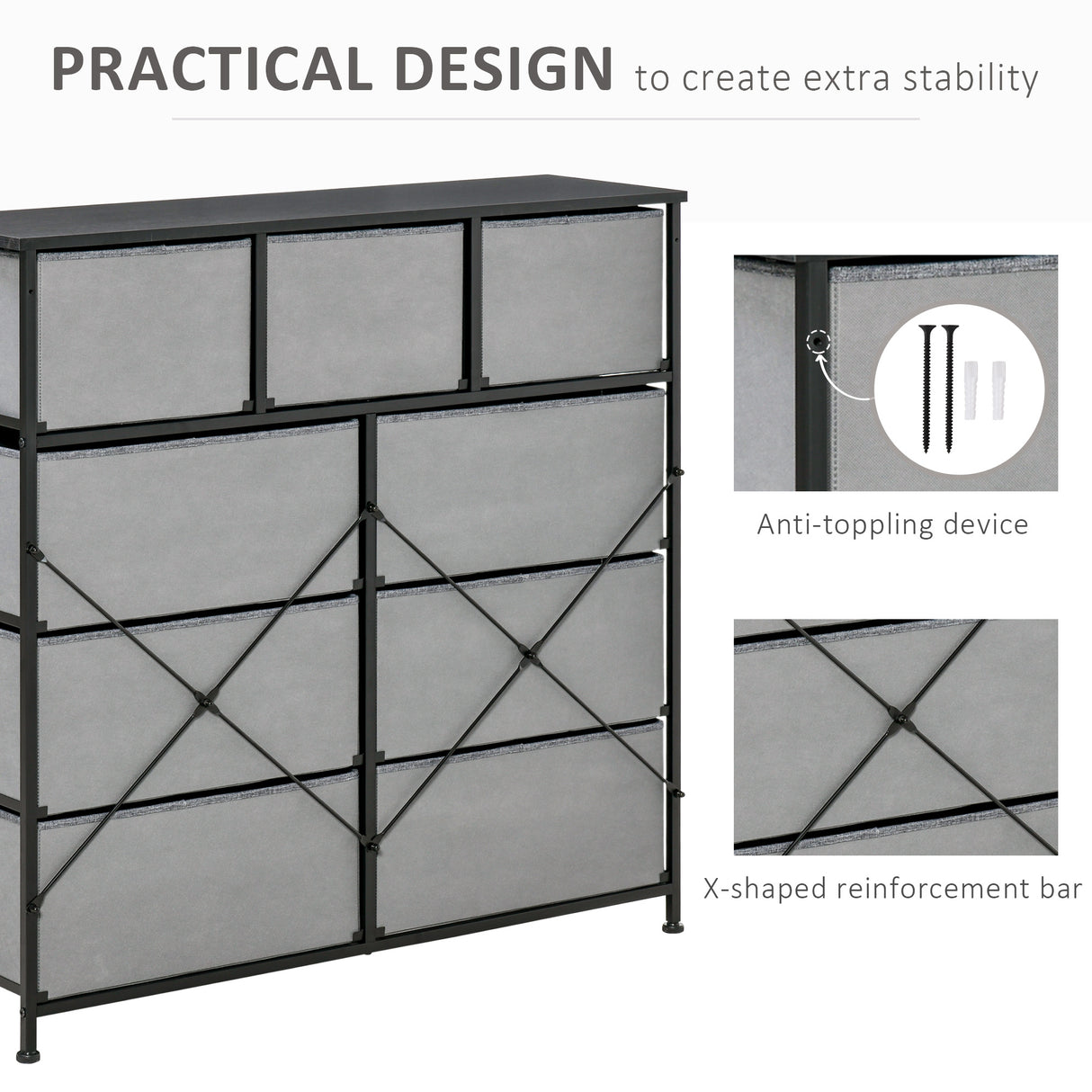 Wooden Chest Of 9 Fabric Drawers 100cm Wide With Black Steel Frame - Velmora