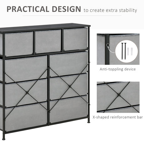 Wooden Chest Of 9 Fabric Drawers 100cm Wide With Black Steel Frame - Velmora