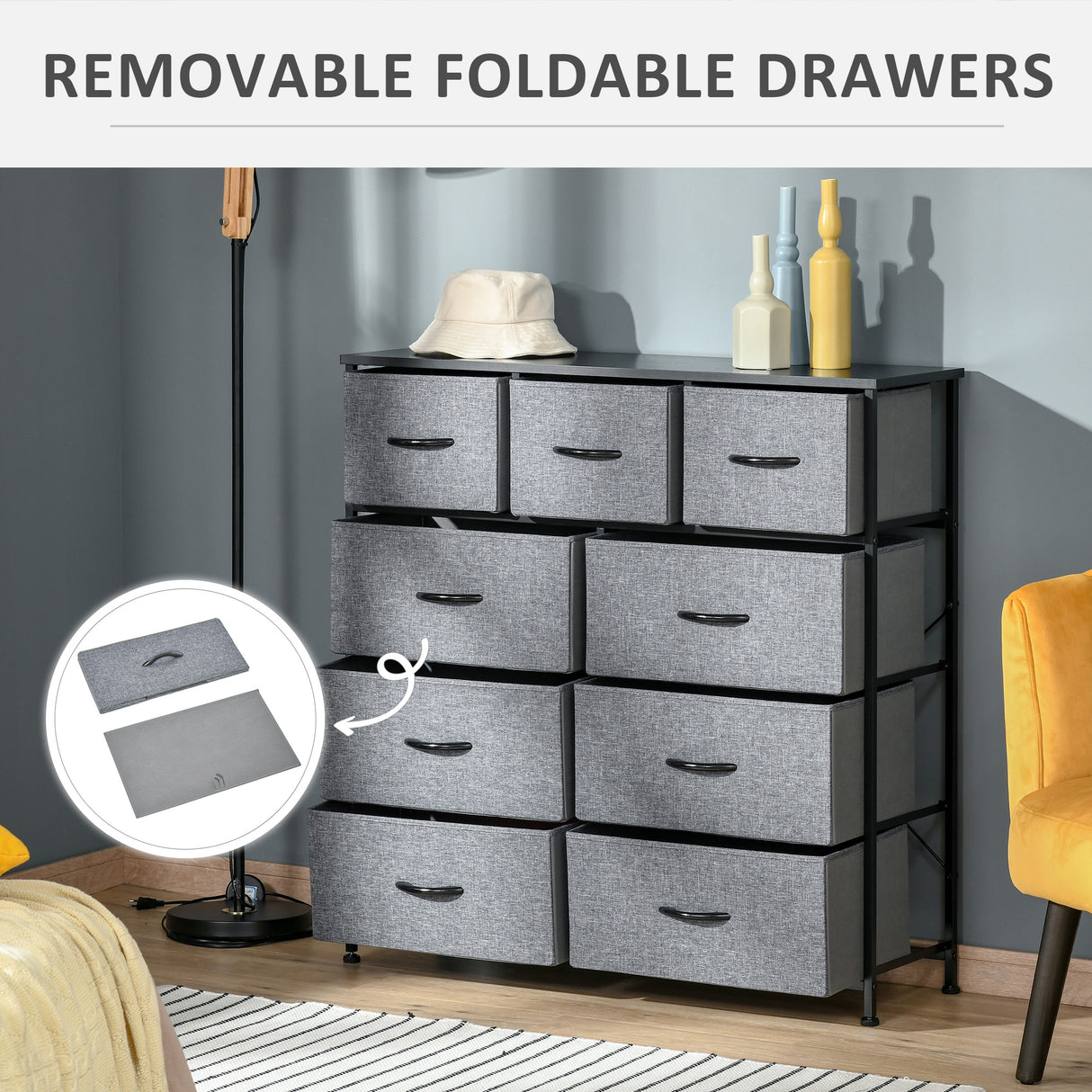 Wooden Chest Of 9 Fabric Drawers 100cm Wide With Black Steel Frame - Velmora