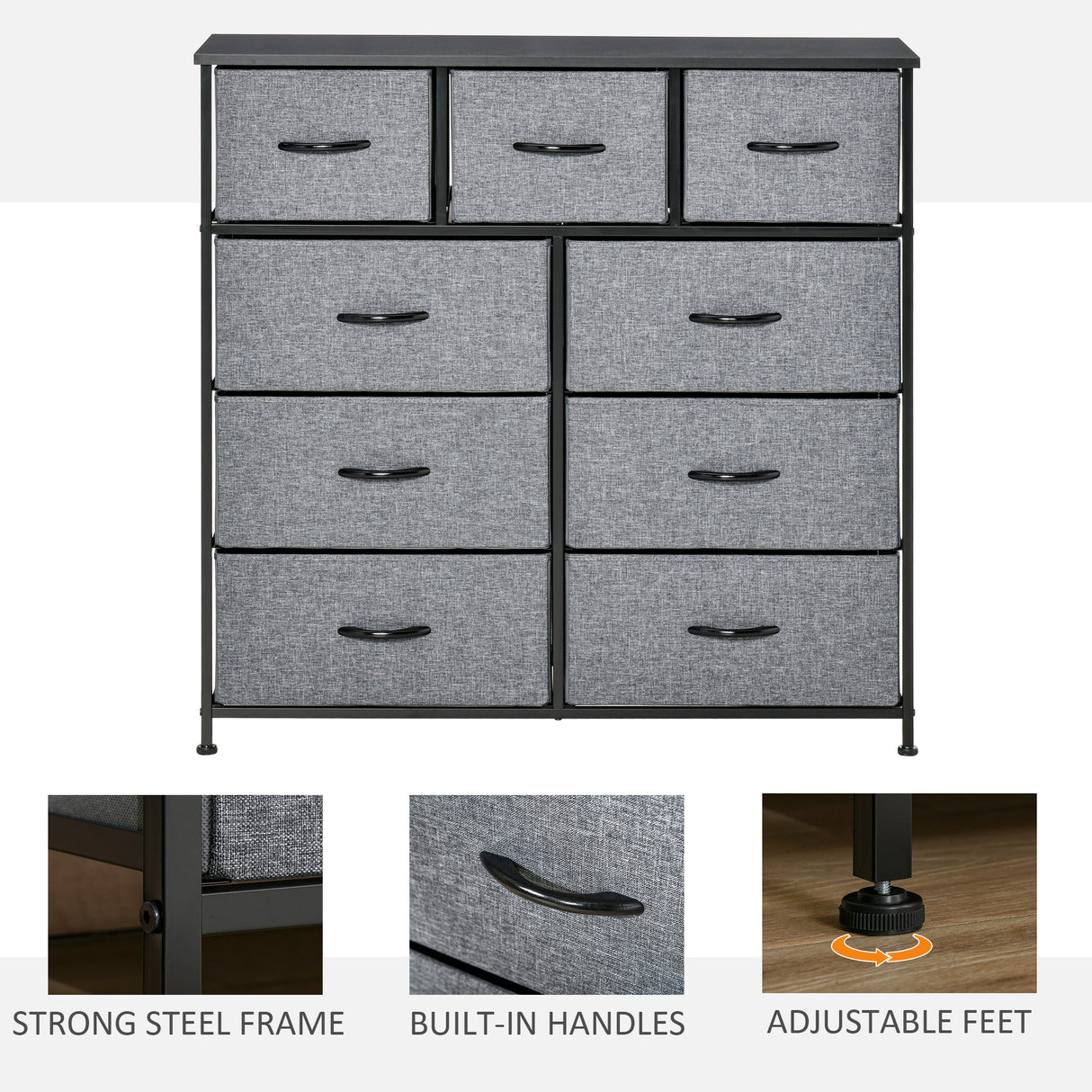 Wooden Chest Of 9 Fabric Drawers 100cm Wide With Black Steel Frame - Velmora