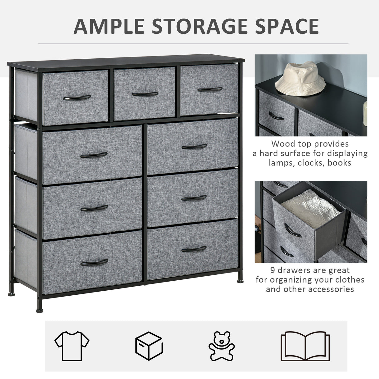 Wooden Chest Of 9 Fabric Drawers 100cm Wide With Black Steel Frame - Velmora